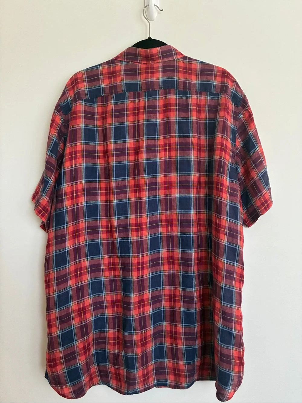 Banana Republic Red & Navy Linen Plaid Camben Fit short sleeve shirt xl tall